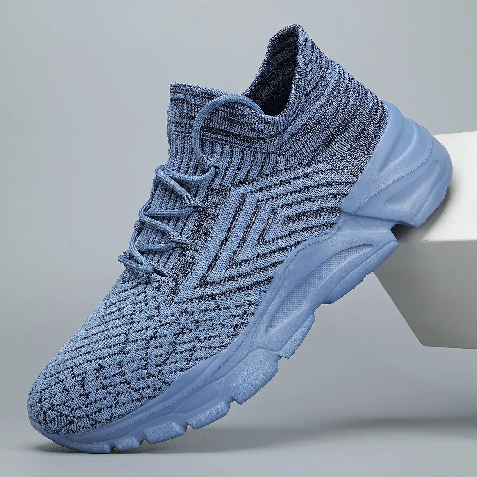 Men'S Active Casual Trainers, Blue Knit Sock Style Breathable Running Sneakers for Lightweight Training & Athletic Wear, Running Shoes, Knit Fabric, Lace-Up,Shoes for Back to School,Back to School Shoes