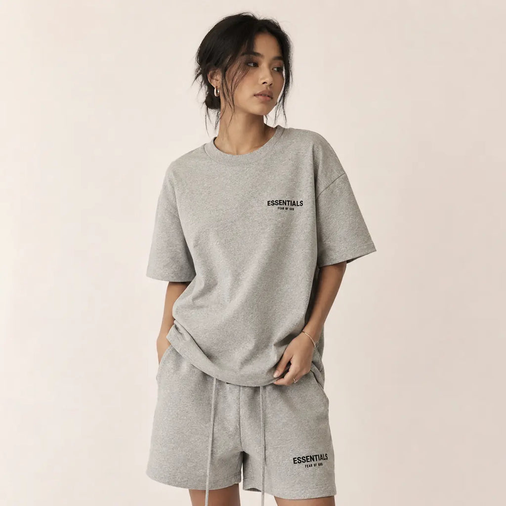 (Tee and Shorts) Fear of God Essentials T-Shirt & Shorts Set Dark Oatmeal over SIZE Casual Wear Comfortable Fit Simple Design Versatile Everyday Wear Menswear Tops Crewneck Shortsleeve Tropical