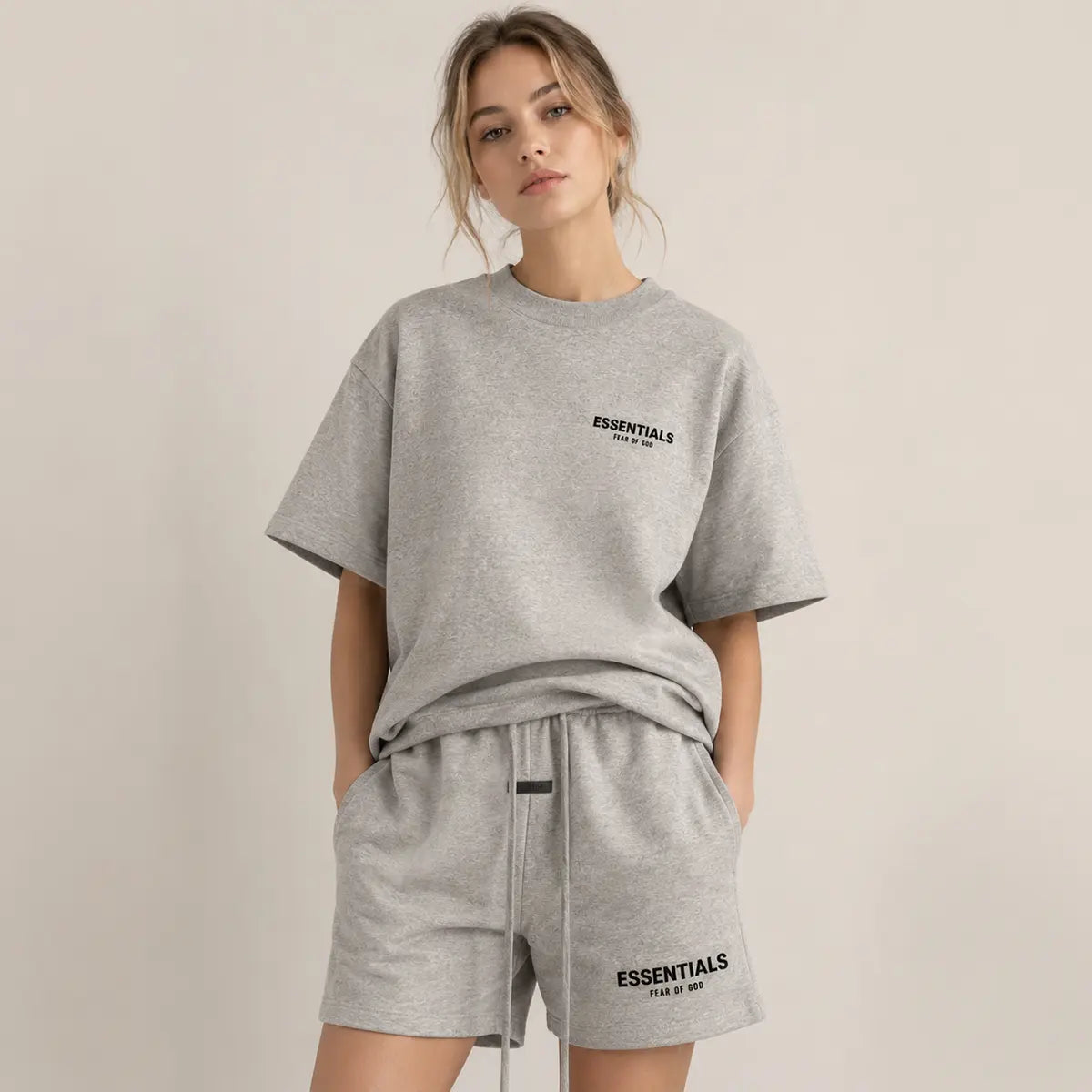 (Tee and Shorts) Fear of God Essentials T-Shirt & Shorts Set Dark Oatmeal over SIZE Casual Wear Comfortable Fit Simple Design Versatile Everyday Wear Menswear Tops Crewneck Shortsleeve Tropical