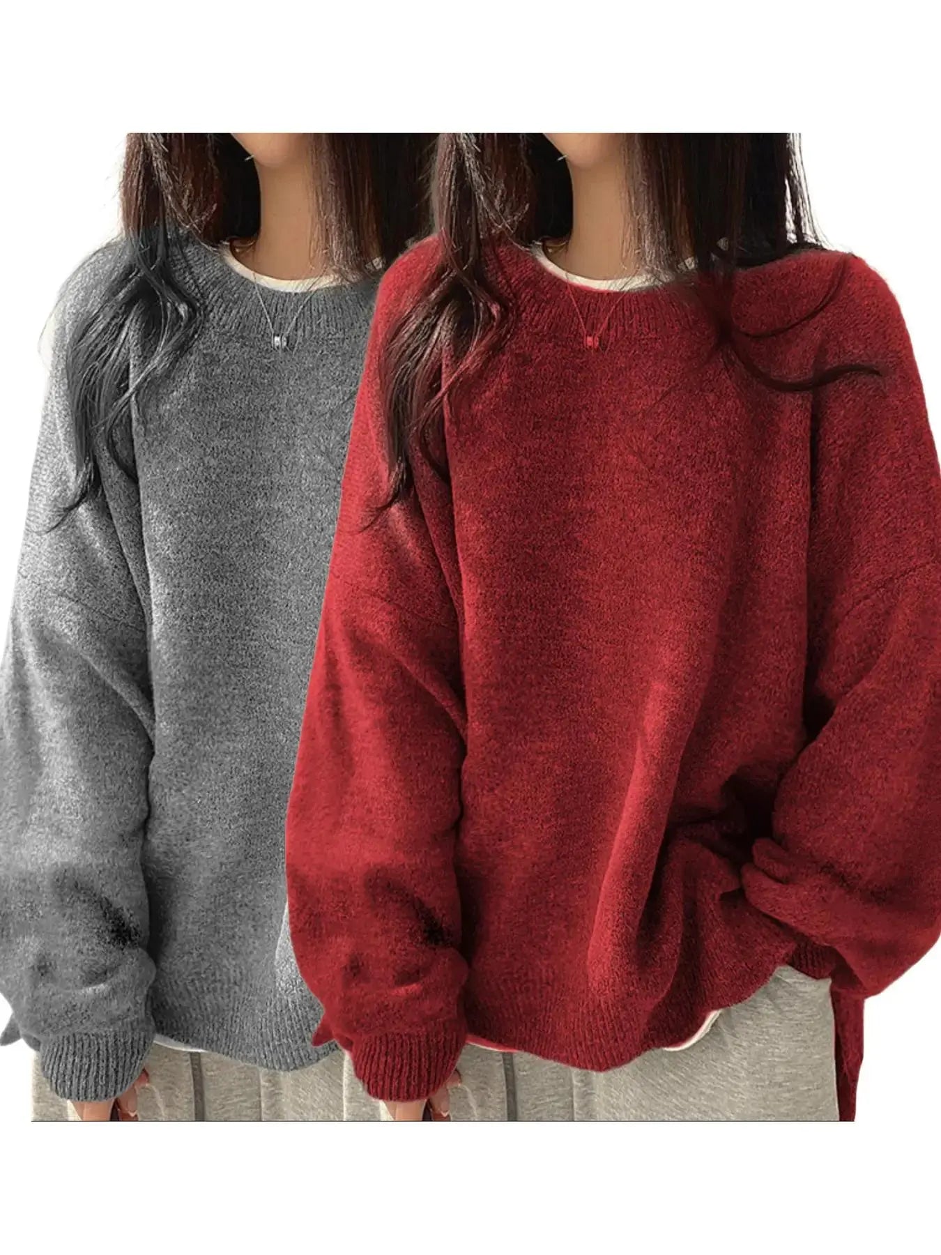 Women'S Drop Shoulder Split Hem Sweater, Casual Long Sleeve round Neck Jumper, Women'S Knitwear Top for Fall & Winter, Sweaters for Women