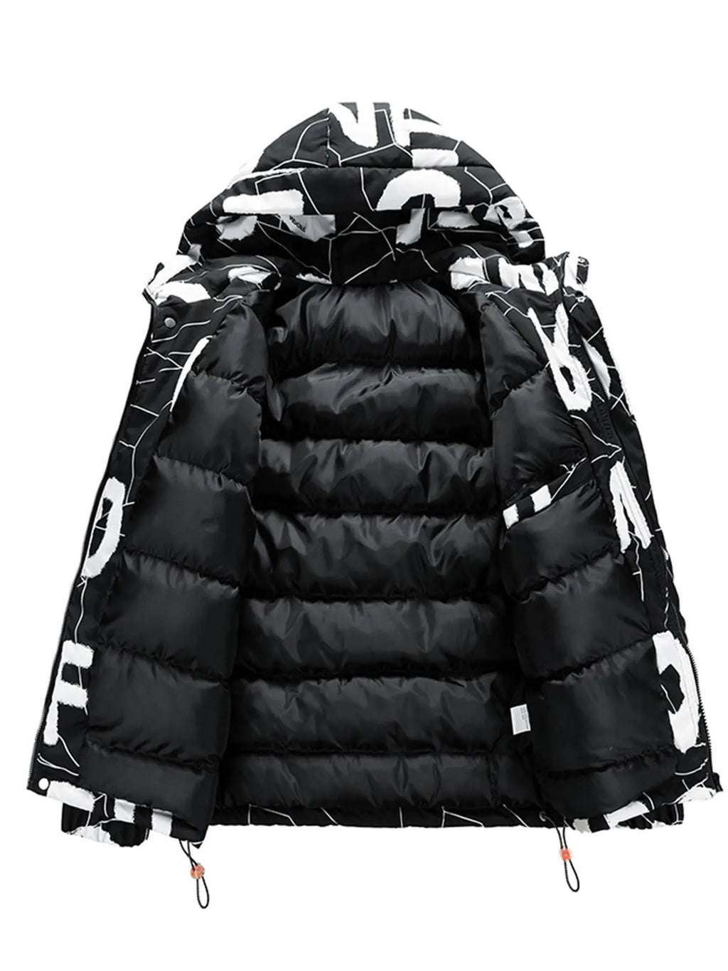 Men'S All over Letter & Geometric Print Drop Shoulder Thick Hooded Coat, Loose Casual Long Sleeve Zip up Warm Outerwear for Fall & Winter, Men'S Clothes for Daily Wear, Menswear