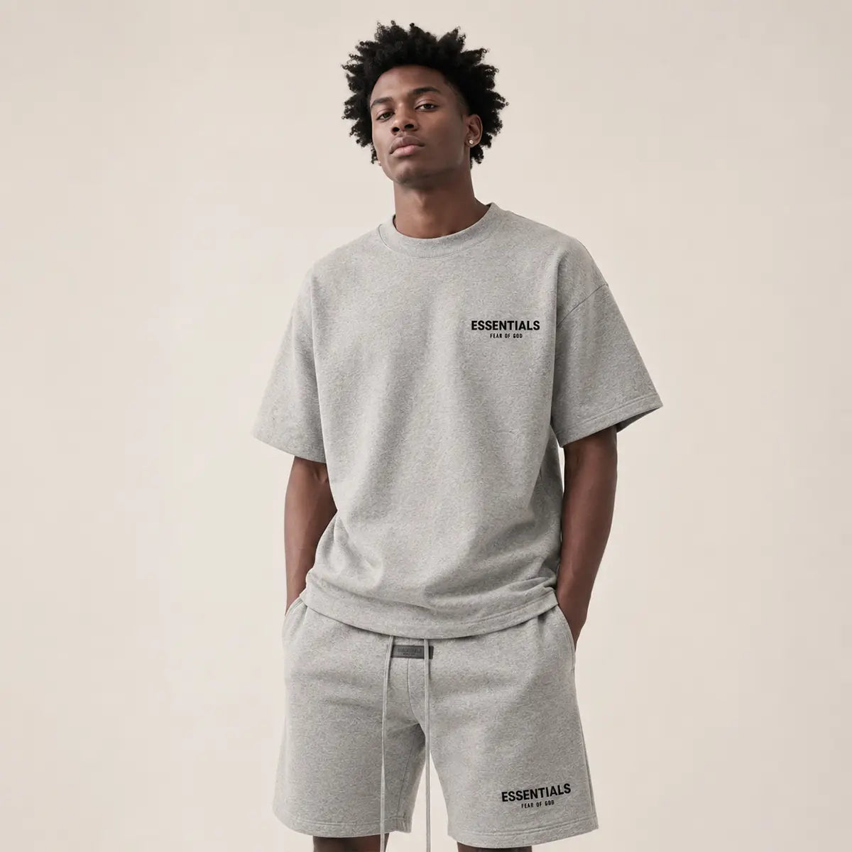 (Tee and Shorts) Fear of God Essentials T-Shirt & Shorts Set Dark Oatmeal over SIZE Casual Wear Comfortable Fit Simple Design Versatile Everyday Wear Menswear Tops Crewneck Shortsleeve Tropical