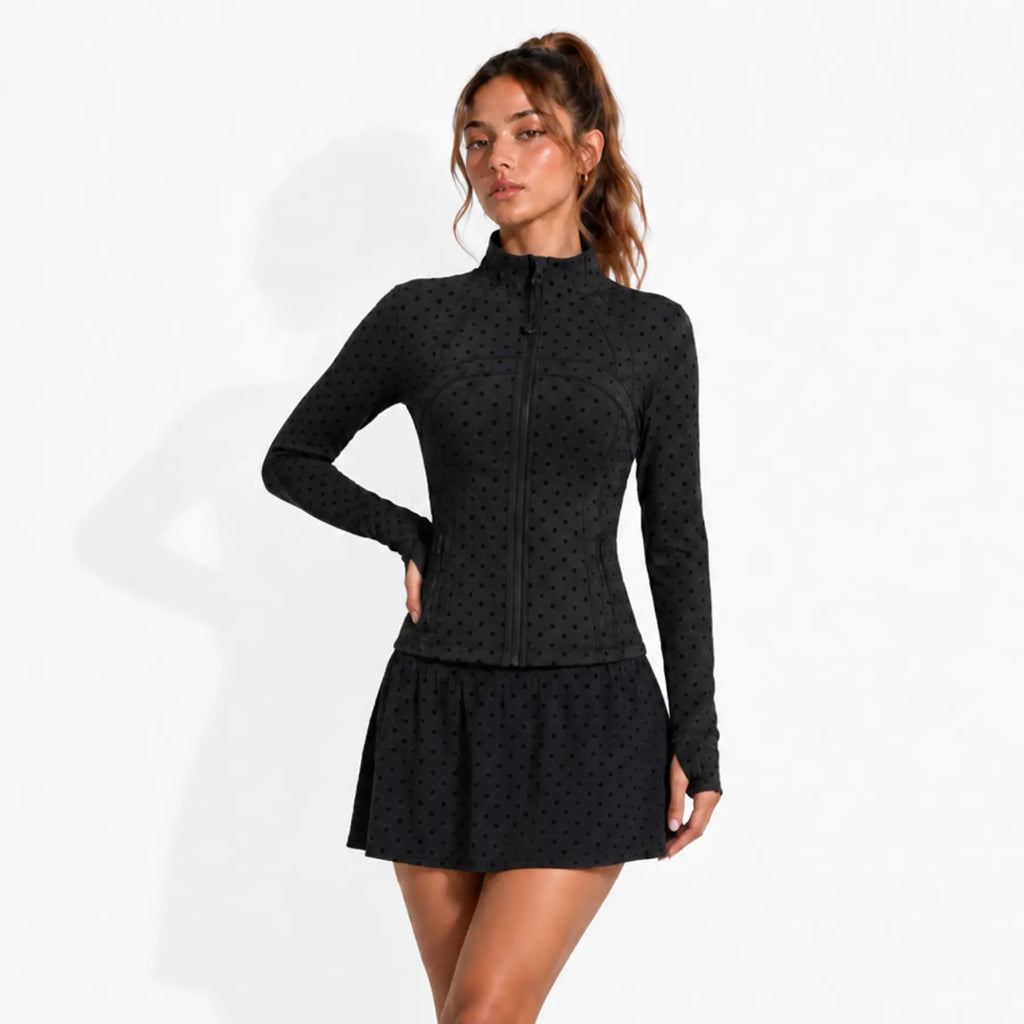 Women Summer Clothes Long Sleeve Zip up Jacket, Stand Collar Polka Dot Textured Slim Fit Athletic Track Jacket Short Skirt or Shorts, Nylon Spandex Brushed Fabric Stretchy Workout Outerwear for Yoga Gym Running Tennis Golf