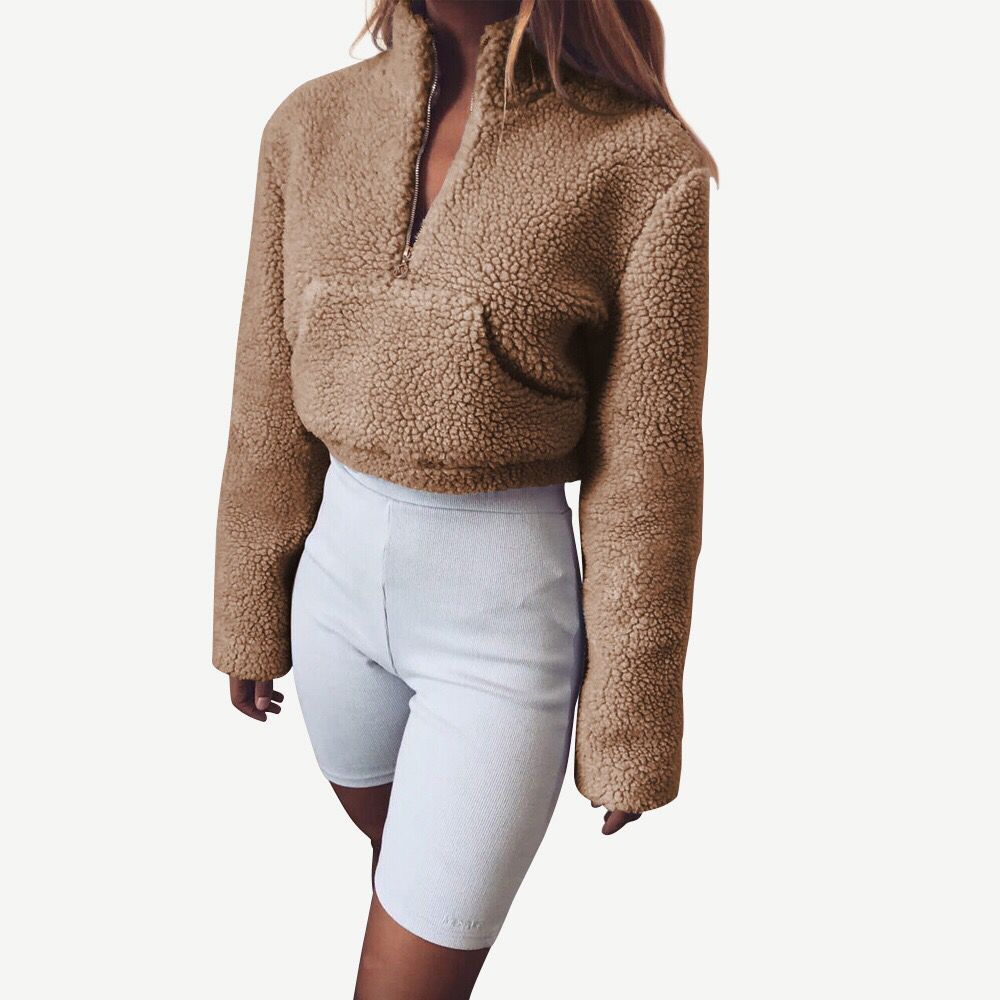 Solid Color Plush High Neck Zip-Up Hoodie