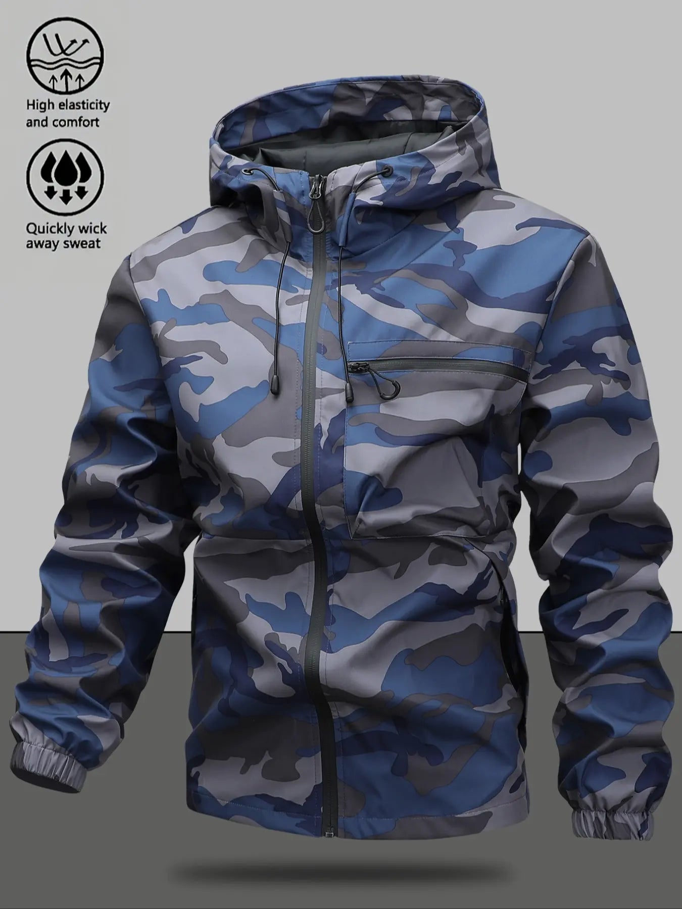 Men'S Casual Solid Camo Camouflage Pocket Drawstring Hooded Long Sleeve Jacket, Regular Fit Fitted Zip up Jacket, Stylish Outfit for Spring & Fall, Menswear, Men'S Tops, Coats, Casual Jackets, Zipper Hooded Jacket