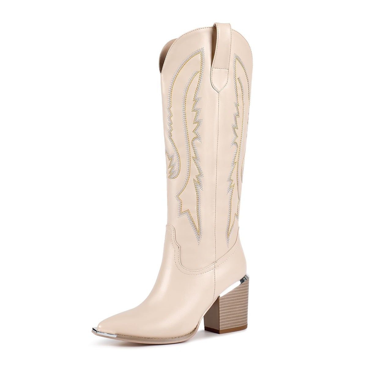 ISNOM Beige Cowgirl Boots Women