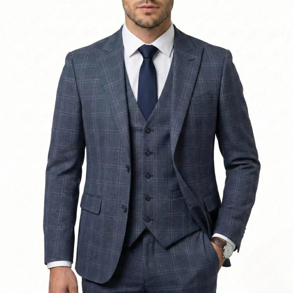 GIANCO FERRO Men'S Classic Elegant Plaid 3-Piece Suit - Single-Breasted Blazer with Double Vent, Vest, Button Closure Dress Pants for Weddings, Business | Dry Clean Menswear
