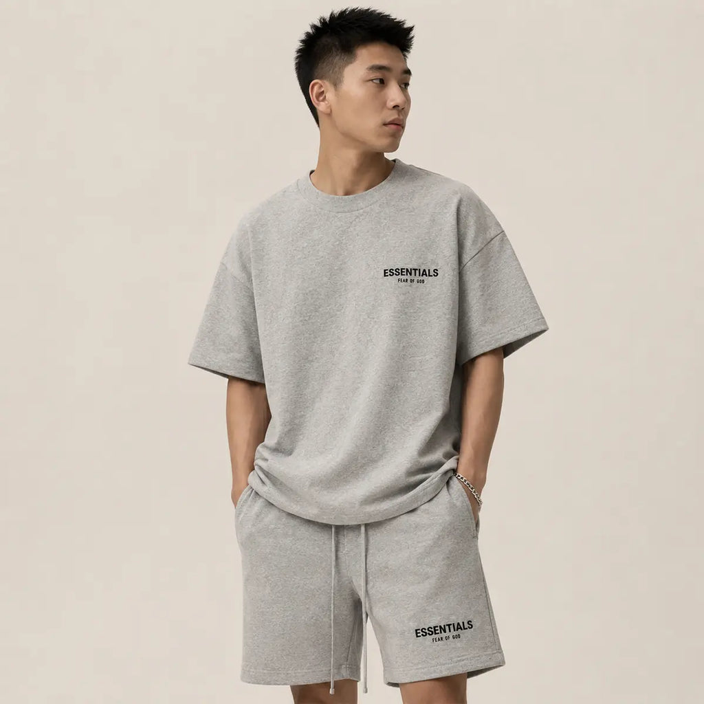(Tee and Shorts) Fear of God Essentials T-Shirt & Shorts Set Dark Oatmeal over SIZE Casual Wear Comfortable Fit Simple Design Versatile Everyday Wear Menswear Tops Crewneck Shortsleeve Tropical