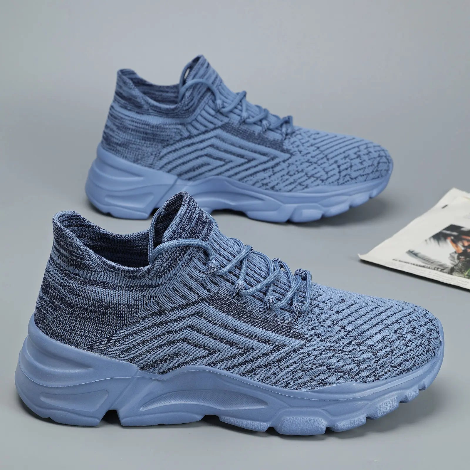 Men'S Active Casual Trainers, Blue Knit Sock Style Breathable Running Sneakers for Lightweight Training & Athletic Wear, Running Shoes, Knit Fabric, Lace-Up,Shoes for Back to School,Back to School Shoes