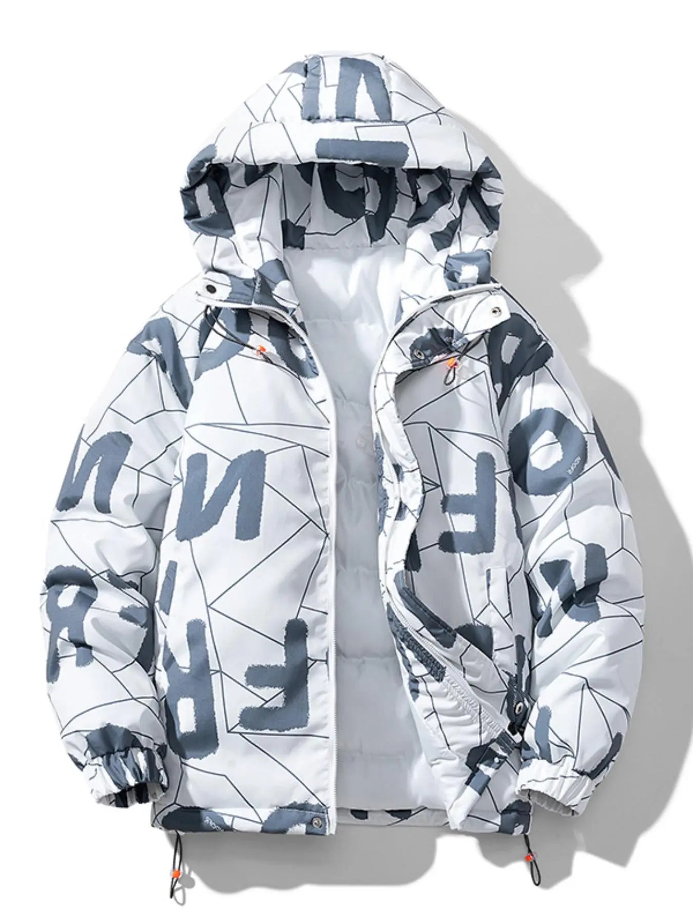Men'S All over Letter & Geometric Print Drop Shoulder Thick Hooded Coat, Loose Casual Long Sleeve Zip up Warm Outerwear for Fall & Winter, Men'S Clothes for Daily Wear, Menswear