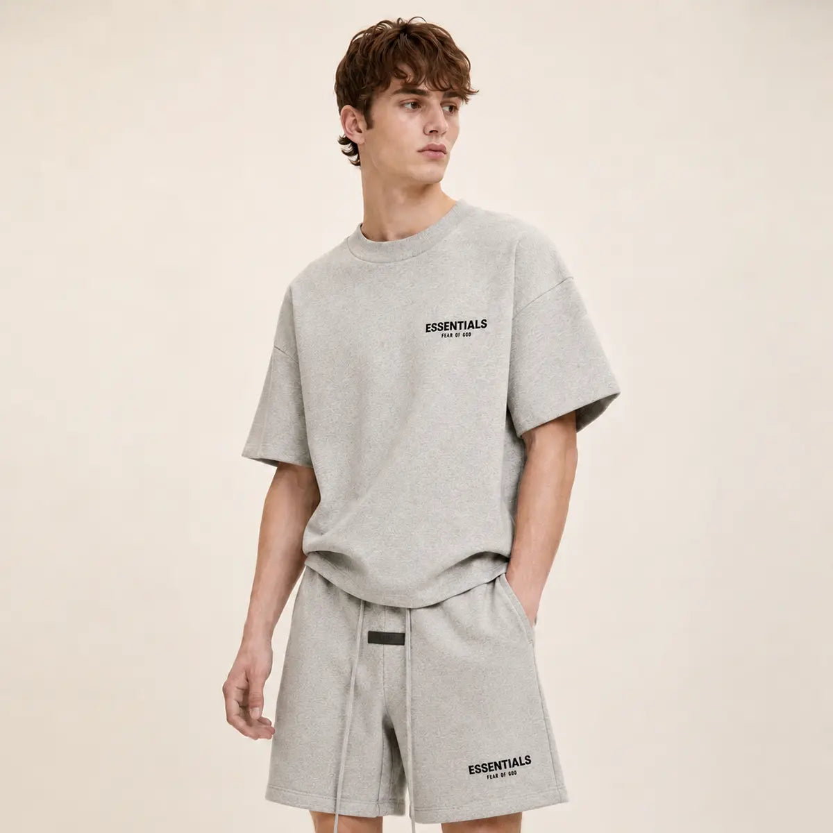 (Tee and Shorts) Fear of God Essentials T-Shirt & Shorts Set Dark Oatmeal over SIZE Casual Wear Comfortable Fit Simple Design Versatile Everyday Wear Menswear Tops Crewneck Shortsleeve Tropical