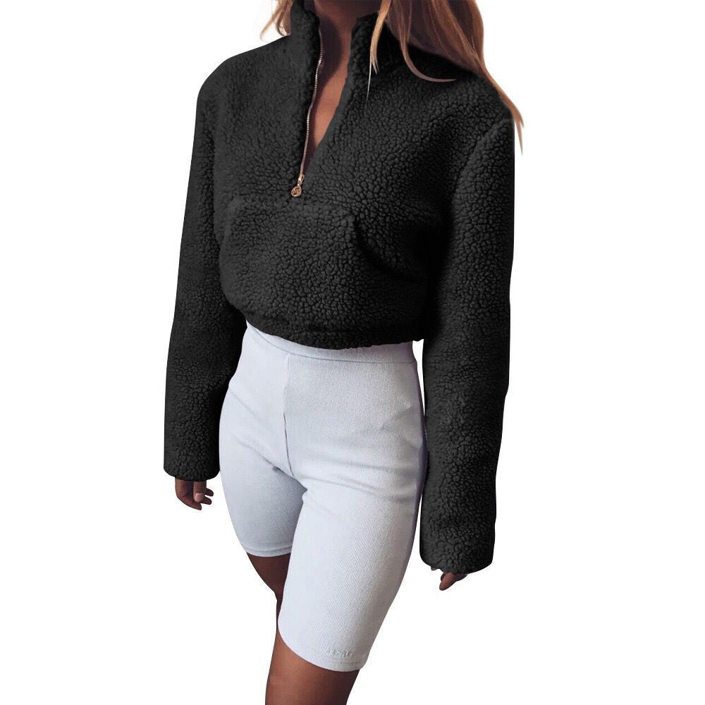Solid Color Plush High Neck Zip-Up Hoodie