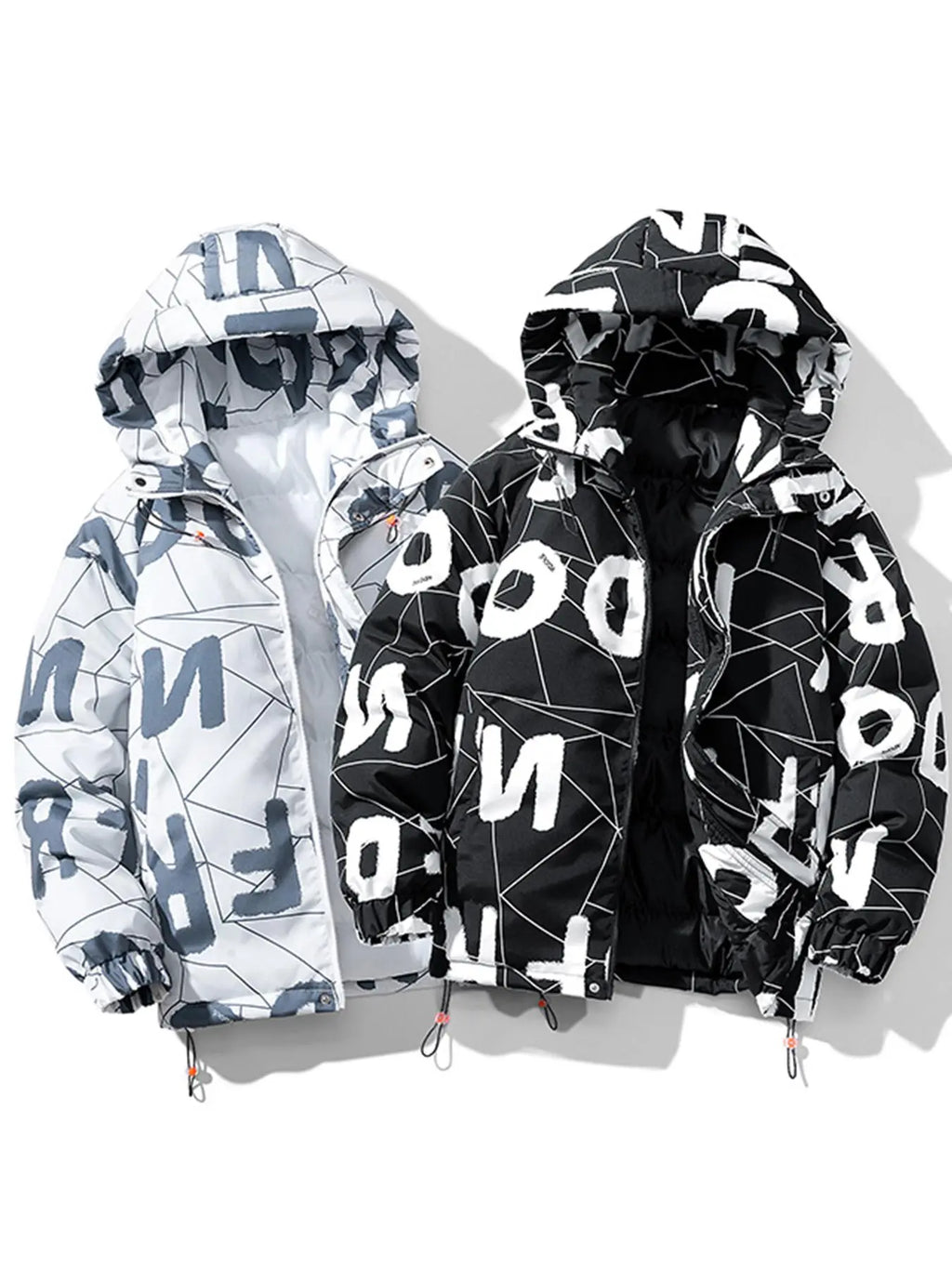 Men'S All over Letter & Geometric Print Drop Shoulder Thick Hooded Coat, Loose Casual Long Sleeve Zip up Warm Outerwear for Fall & Winter, Men'S Clothes for Daily Wear, Menswear