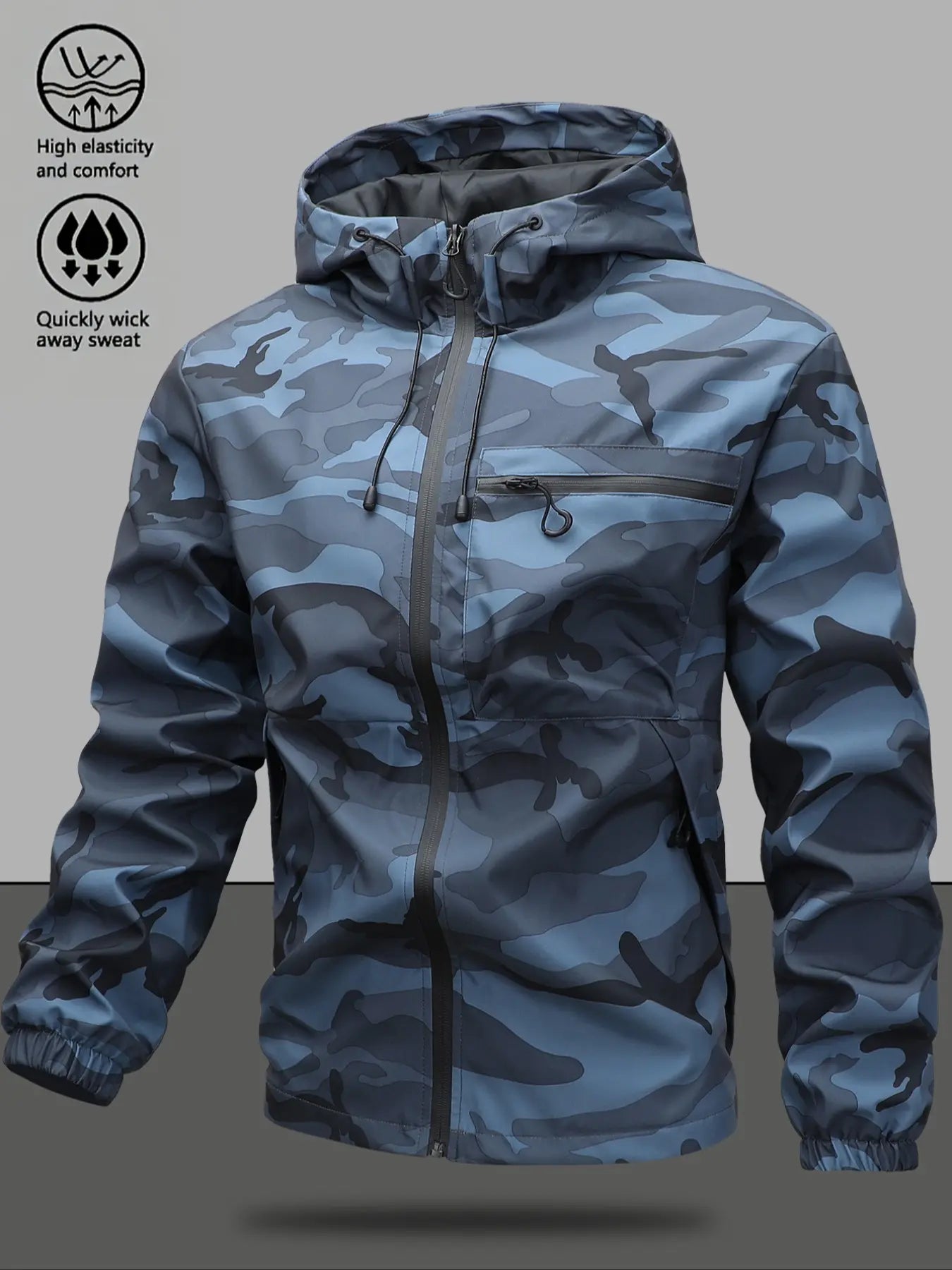 Men'S Casual Solid Camo Camouflage Pocket Drawstring Hooded Long Sleeve Jacket, Regular Fit Fitted Zip up Jacket, Stylish Outfit for Spring & Fall, Menswear, Men'S Tops, Coats, Casual Jackets, Zipper Hooded Jacket