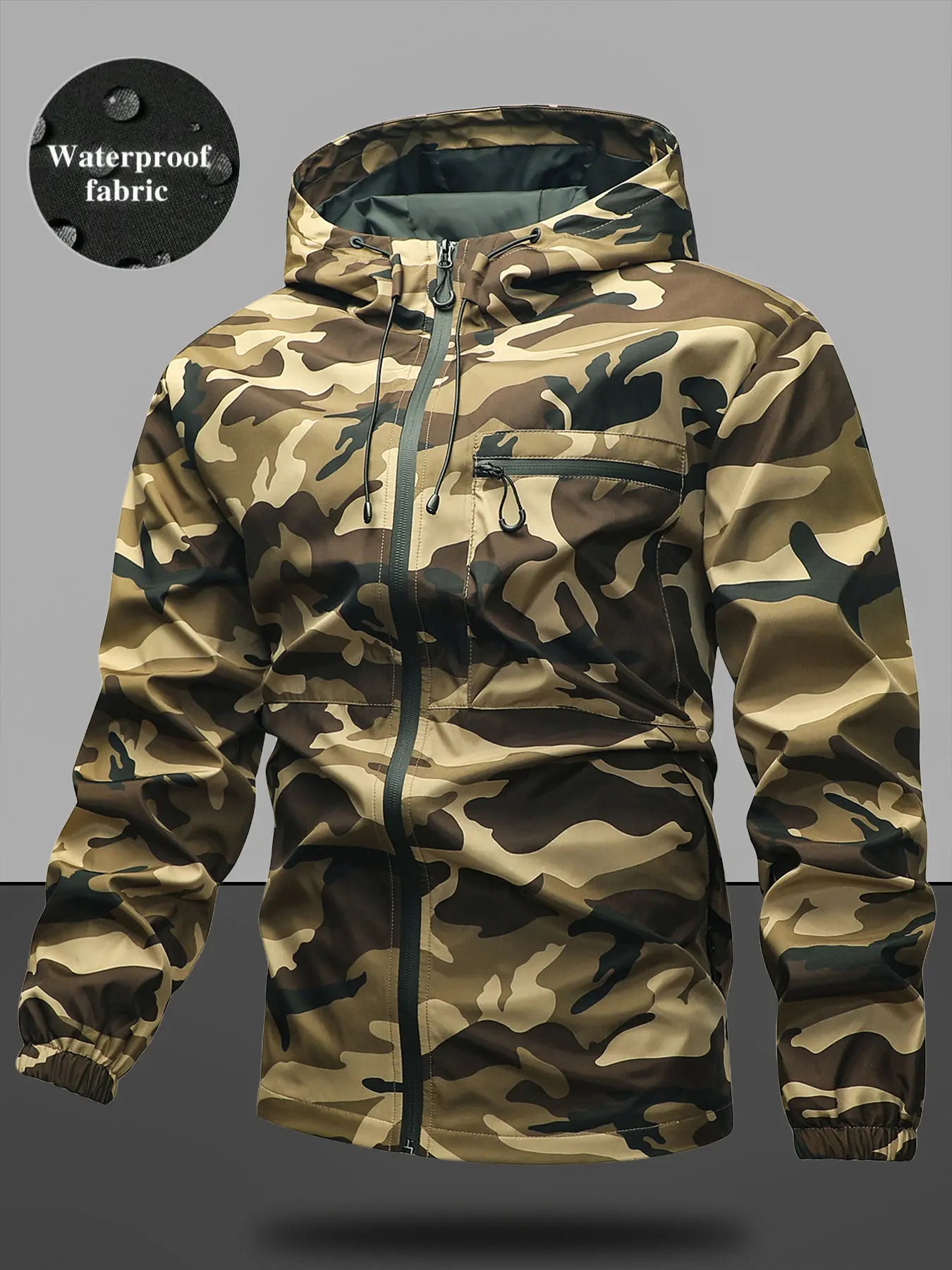 Men'S Casual Solid Camo Camouflage Pocket Drawstring Hooded Long Sleeve Jacket, Regular Fit Fitted Zip up Jacket, Stylish Outfit for Spring & Fall, Menswear, Men'S Tops, Coats, Casual Jackets, Zipper Hooded Jacket