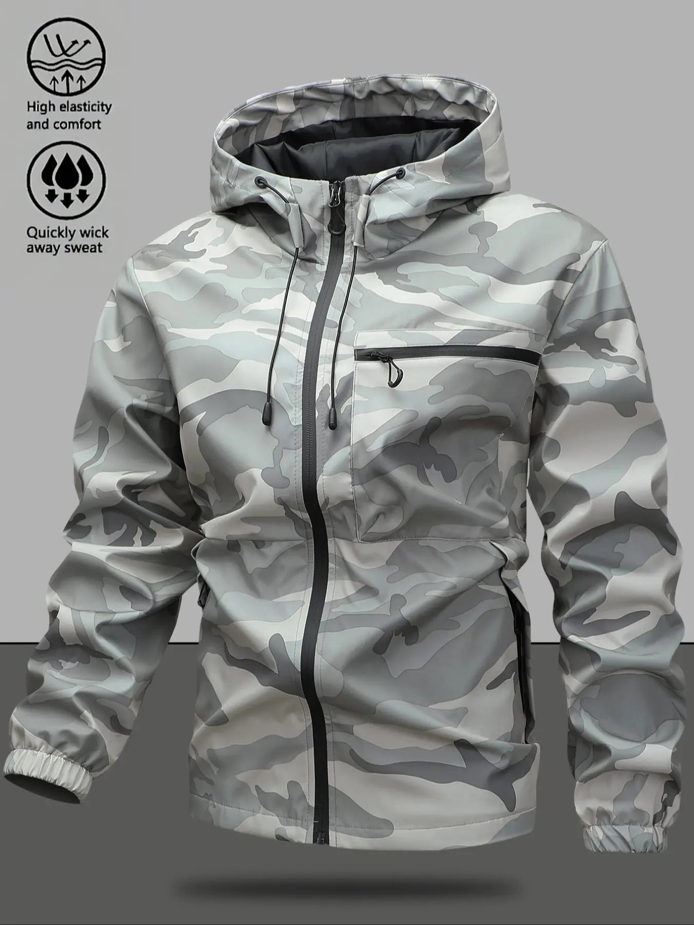 Men'S Casual Solid Camo Camouflage Pocket Drawstring Hooded Long Sleeve Jacket, Regular Fit Fitted Zip up Jacket, Stylish Outfit for Spring & Fall, Menswear, Men'S Tops, Coats, Casual Jackets, Zipper Hooded Jacket