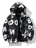 Men'S All over Letter & Geometric Print Drop Shoulder Thick Hooded Coat, Loose Casual Long Sleeve Zip up Warm Outerwear for Fall & Winter, Men'S Clothes for Daily Wear, Menswear