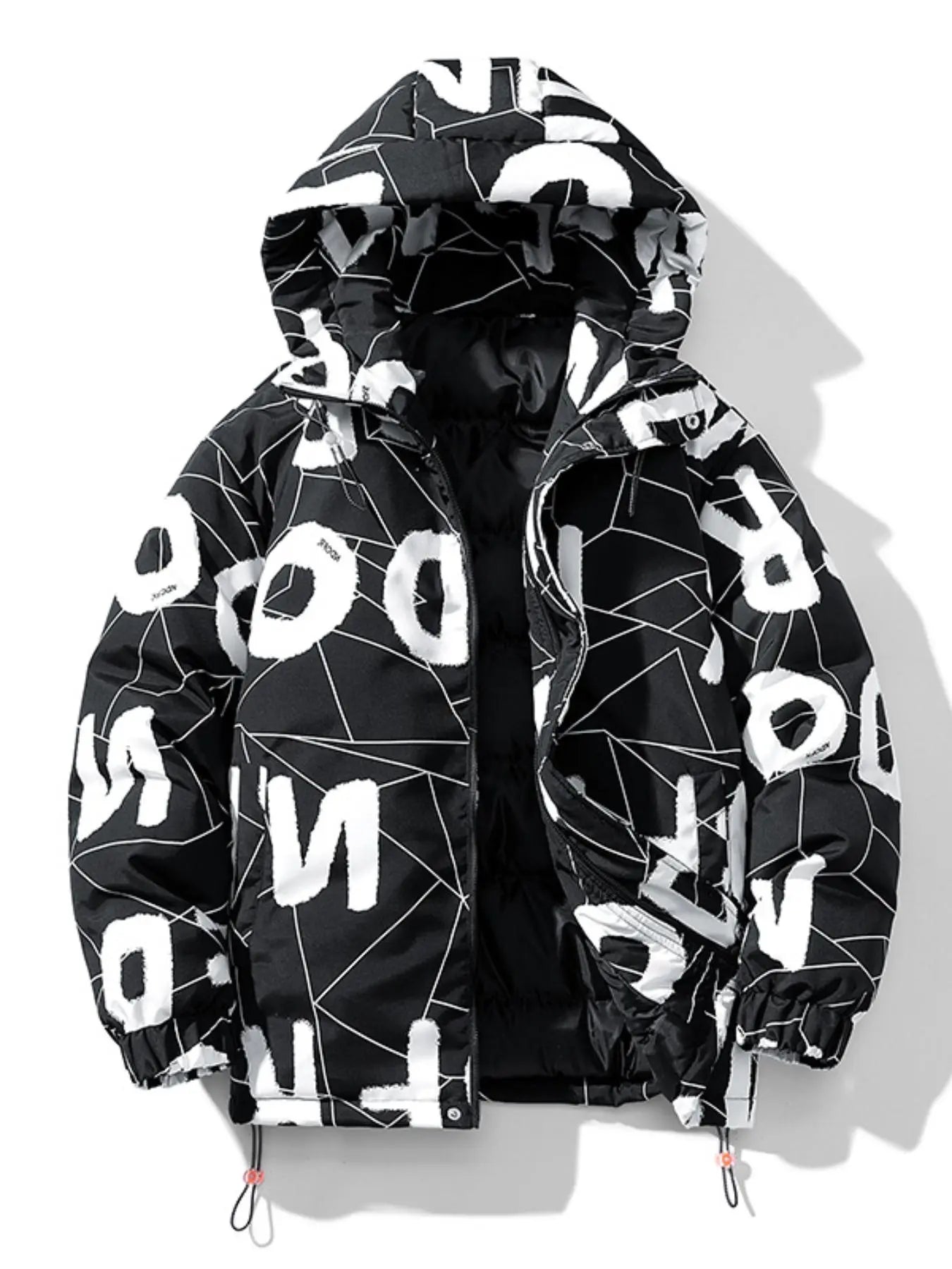 Men'S All over Letter & Geometric Print Drop Shoulder Thick Hooded Coat, Loose Casual Long Sleeve Zip up Warm Outerwear for Fall & Winter, Men'S Clothes for Daily Wear, Menswear